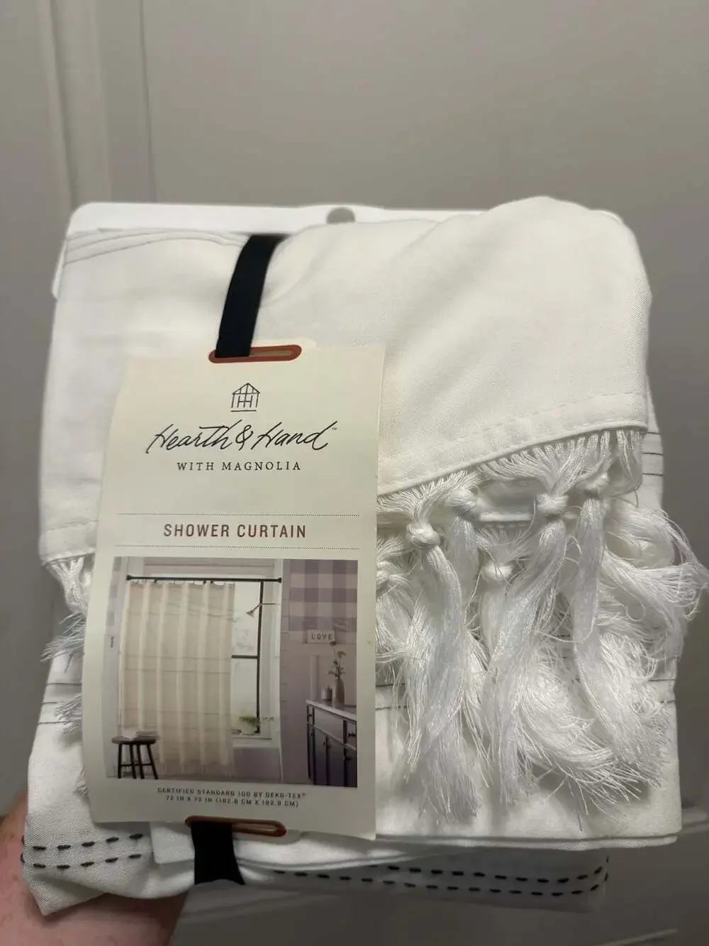 Hearth & Hand with Magnolia Cream & Gray Stripe Tassel Shower Curtain